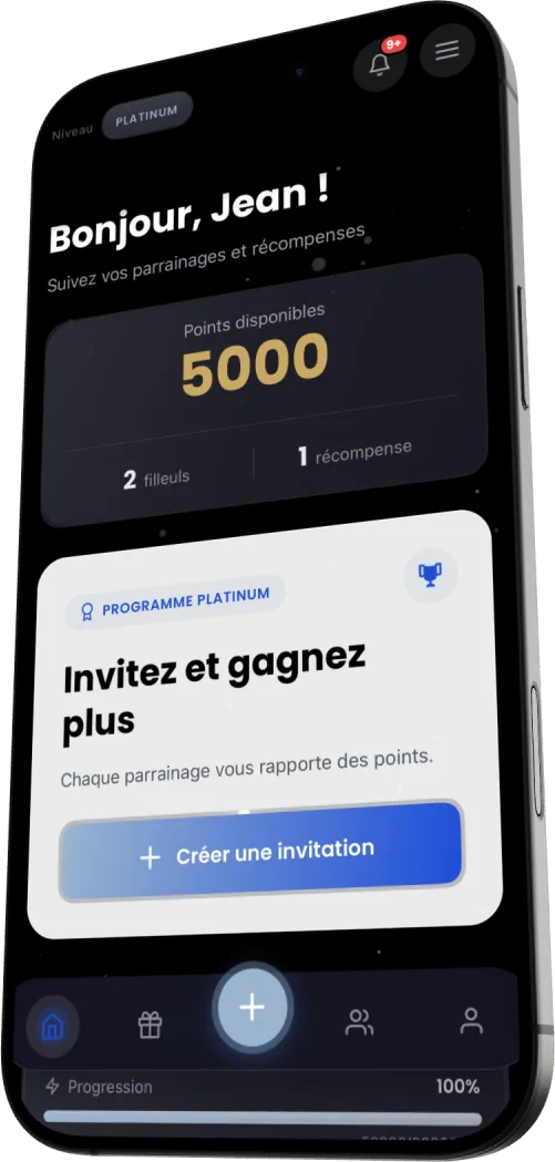iPhone affichant l'accueil de l'application Panam Fidelity : 5 000 points disponibles, filleuls et récompenses