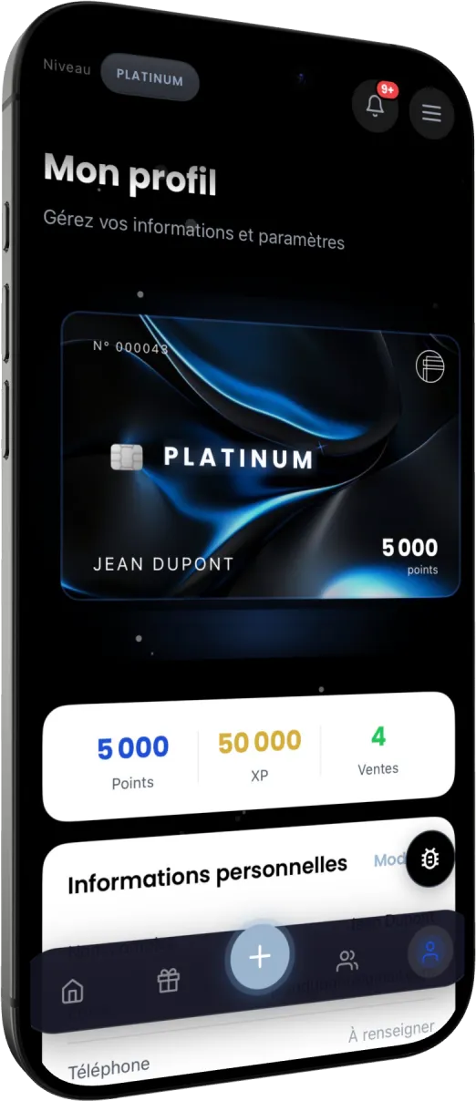 iPhone affichant le profil de l'application Panam Fidelity : carte Platinum, 5 000 points